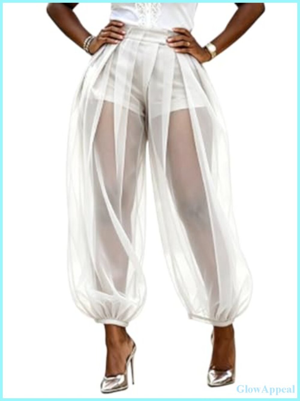 Sheer Mesh Balloon Pants High Waisted Wide Leg Harem Trousers